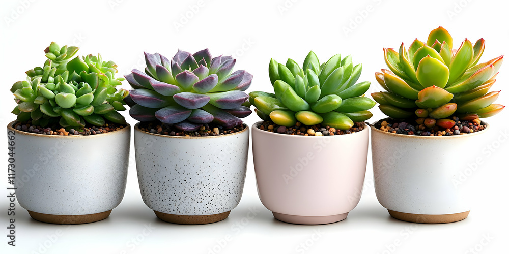 Four potted succulents in a row on white background. Four potted succulents in a row on white background.