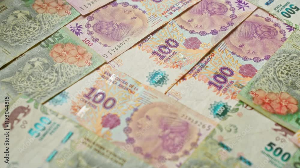 Argentinian peso banknotes arranged on a flat surface showcasing various denominations including 100 and 500 pesos. Argentinian peso banknotes arranged on a flat surface showcasing various denominations including 100 and 500 pesos.