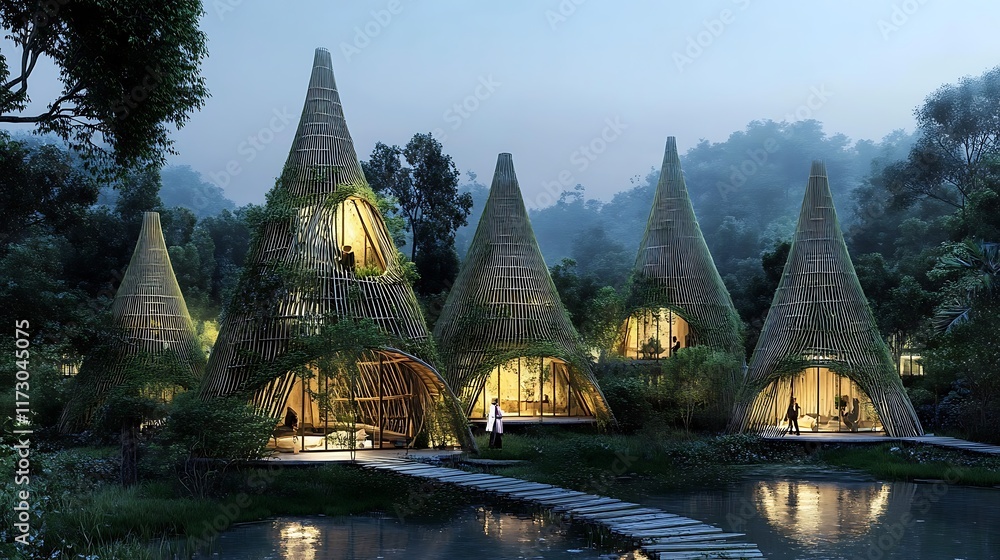 Obraz premium A futuristic eco-friendly city with skyscrapers made entirely of bamboo, showcasing sustainable architecture. --