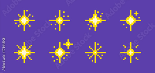 Set of different pixel art sparkling stars. Sparkles, flashes symbols for games, websites or apps. Vector illustration