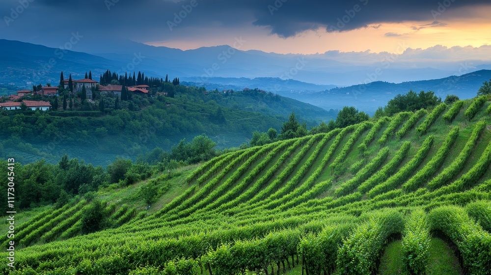 Fototapeta premium Lush vineyards on rolling hills under a dramatic sky at sunset.