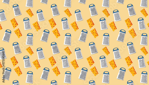 Seamless pattern with grater and cheese on a yellow background