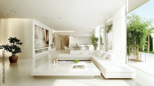 Wallpaper Mural Bright white living room with a sleek modern sofa, artistic decor, and a touch of greenery for a fresh, contemporary style. Torontodigital.ca