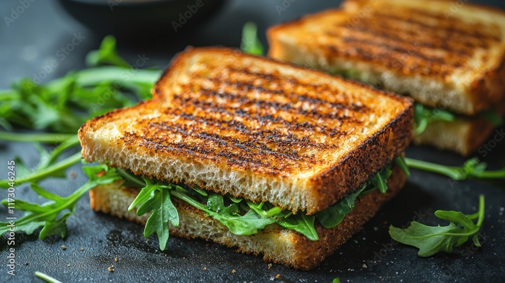 Grilled sandwich with arugula on a dark surface.