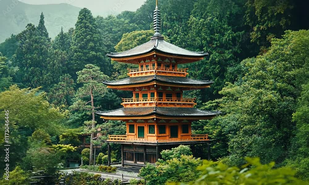 Three-Story Wooden Pagoda Nestled in Lush Japanese Forest Three-Story Wooden Pagoda Nestled in Lush Japanese Forest