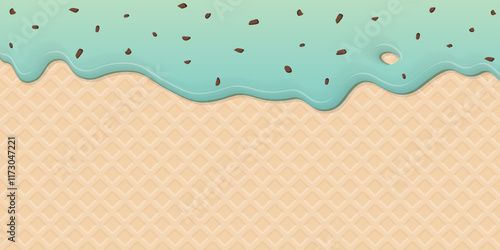 Melted mint chocolate chip ice cream drop on ice cream cone texture background graphic illustration have blank space.