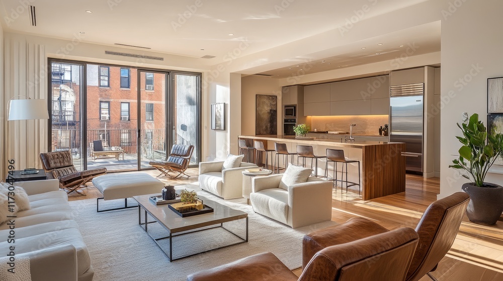 Fototapeta premium Clean and modern living room and kitchen with an open-concept design, featuring glass doors and a warm, sunlit atmosphere