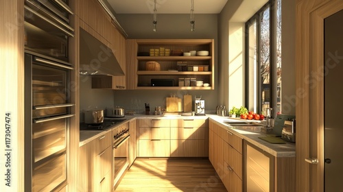 Wallpaper Mural A modern kitchen featuring wooden cabinets, appliances, and natural light. Torontodigital.ca