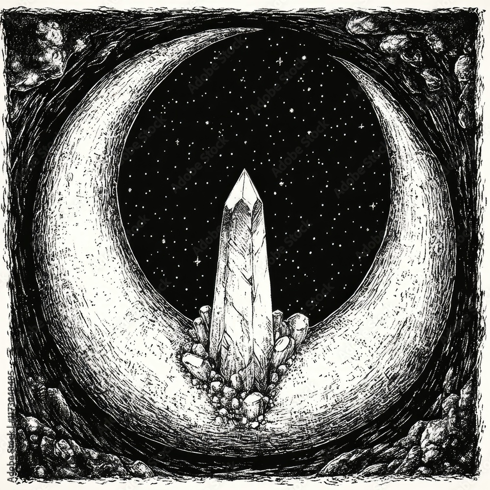 Fototapeta premium A mystical scene featuring a crystal surrounded by crescent shapes against a starry background.