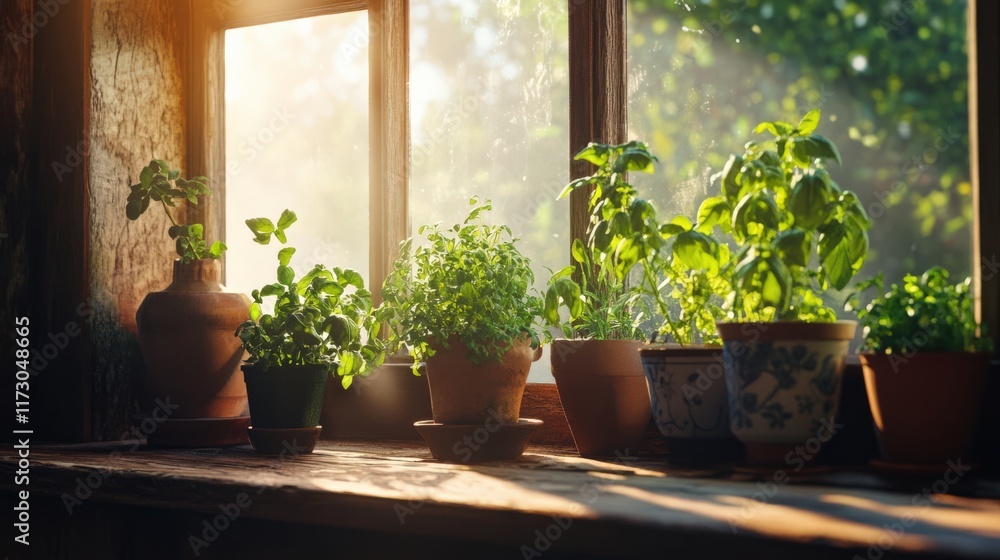 Sunlit Window with Fresh Herb Plants in Cozy Pots, Bringing Nature Indoors for a Healthy and Vibrant Home Environment Sunlit Window with Fresh Herb Plants in Cozy Pots, Bringing Nature Indoors for a Healthy and Vibrant Home Environment