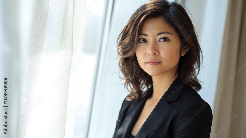 A professional woman with a focused look, standing near a window with soft natural lighting streaming in, reflecting determination A professional woman with a focused look, standing near a window with soft natural lighting streaming in, reflecting determination