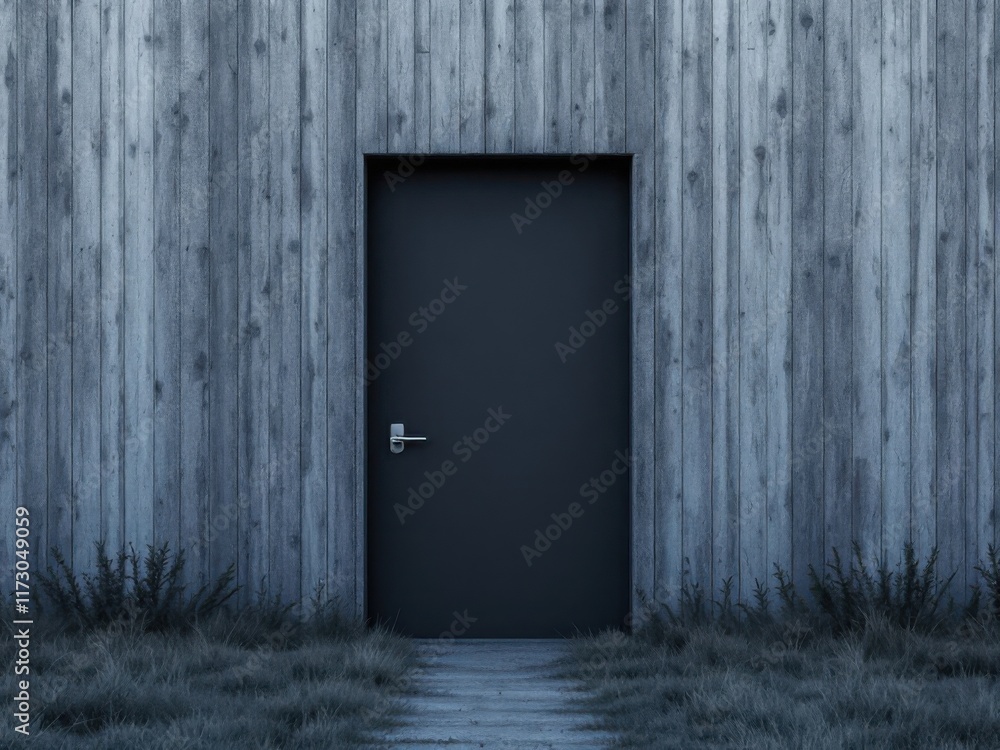 Minimalist Black Door on Rustic Wooden Wall with Grass Pathway Minimalist Black Door on Rustic Wooden Wall with Grass Pathway