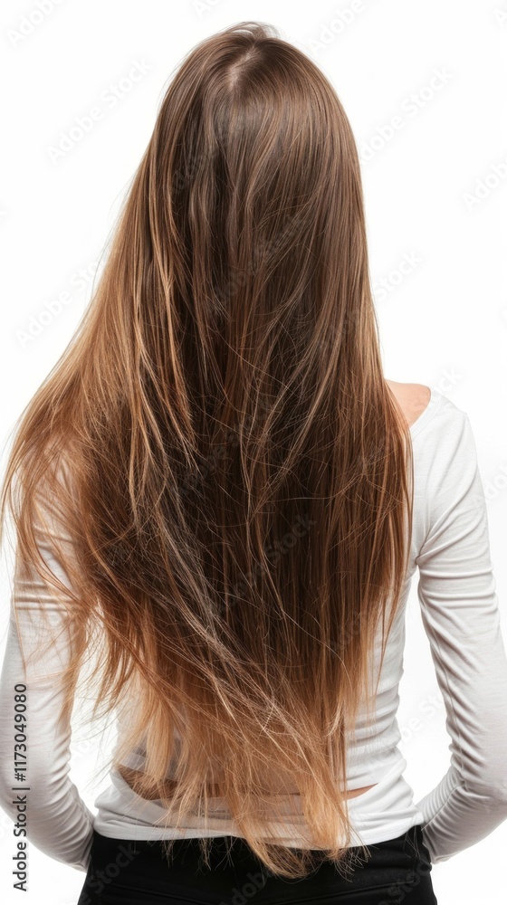 Naklejka premium Long hair of a woman on a white background. Great for advertising cosmetics, beauty salons and articles about hair care.