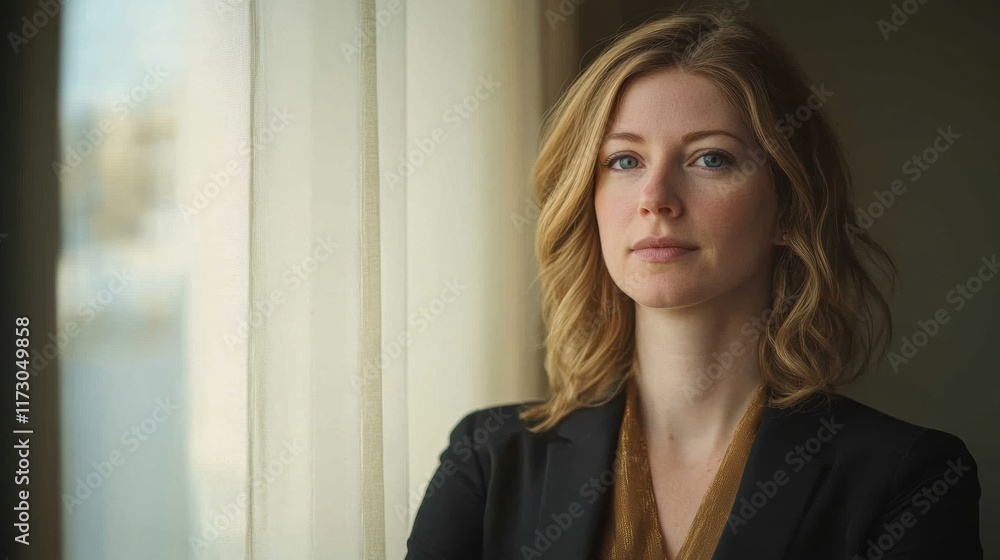 A professional woman with a focused look, standing near a window with soft natural lighting streaming in, reflecting determination A professional woman with a focused look, standing near a window with soft natural lighting streaming in, reflecting determination