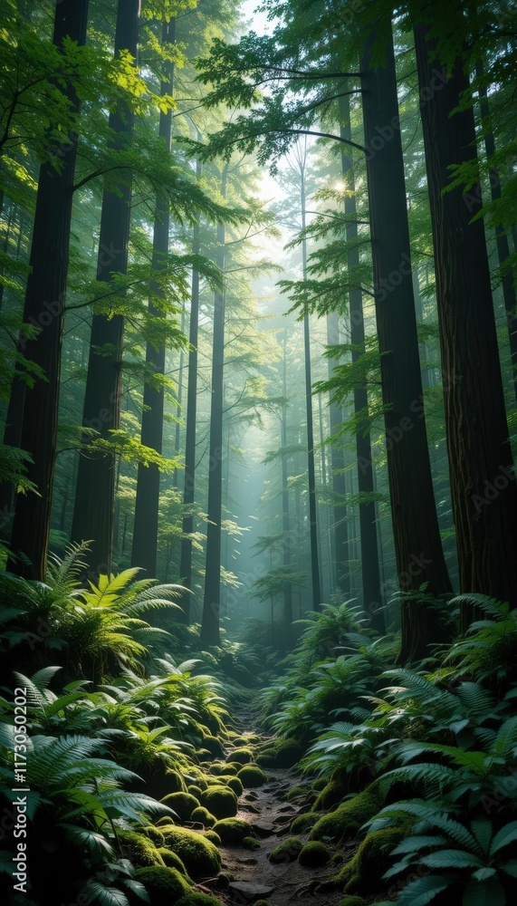 Sunlit forest with moss-covered path and lush greenery. Sunlit forest with moss-covered path and lush greenery.