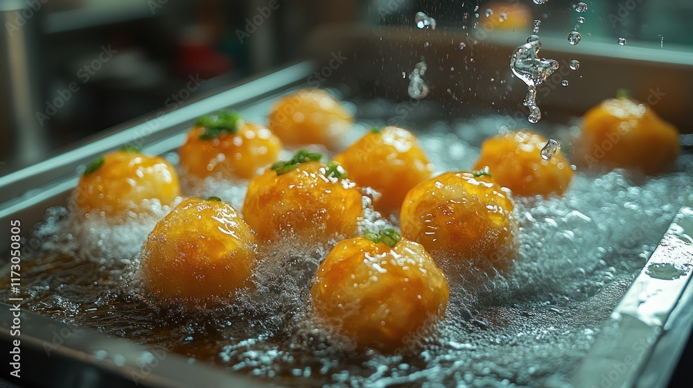 Golden dumplings frying in hot oil with splashes of water. Golden dumplings frying in hot oil with splashes of water.