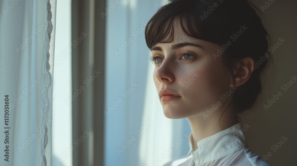 A professional woman with a focused look, standing near a window with soft natural lighting streaming in, reflecting determination A professional woman with a focused look, standing near a window with soft natural lighting streaming in, reflecting determination