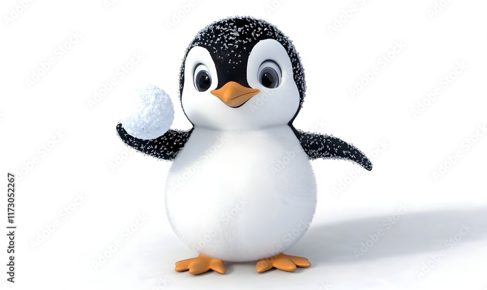Fototapeta premium Cute cartoon penguin holding a snowball.