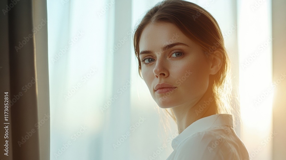 A professional woman with a focused look, standing near a window with soft natural lighting streaming in, reflecting determination A professional woman with a focused look, standing near a window with soft natural lighting streaming in, reflecting determination