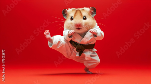 Energetic hamster in a karate uniform performing a kick, symbolizing strength and discipline, perfect for martial arts branding or motivational campaigns photo