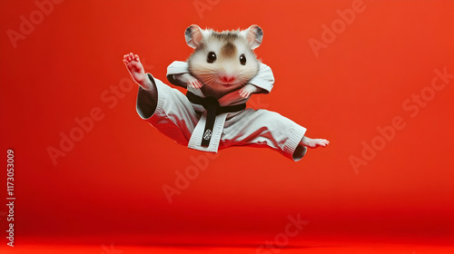 Energetic hamster in a karate uniform performing a kick, symbolizing strength and discipline, perfect for martial arts branding or motivational campaigns photo