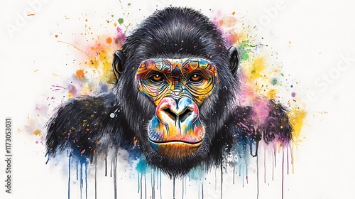 Vibrant Watercolor Gorilla Portrait: A Colorful Digital Painting AI Generated photo