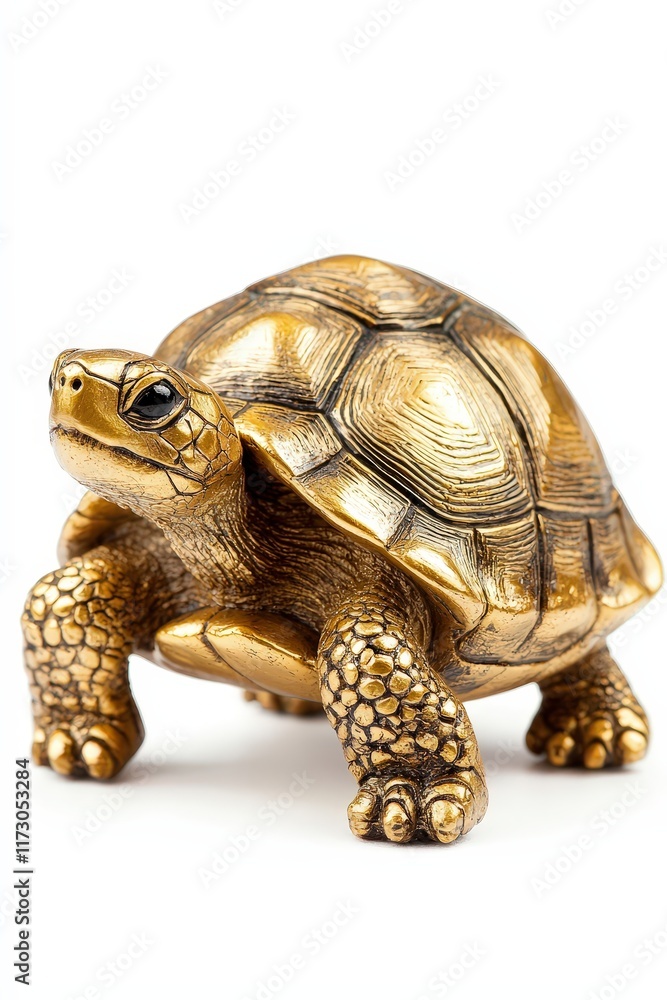 Obraz premium Small golden turtle figurine symbolizing perseverance, isolated on white
