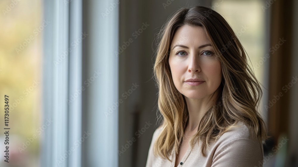 A professional woman with a focused look, standing near a window with soft natural lighting streaming in, reflecting determination A professional woman with a focused look, standing near a window with soft natural lighting streaming in, reflecting determination