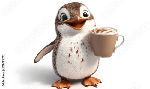 Cute cartoon penguin holding a hot chocolate.