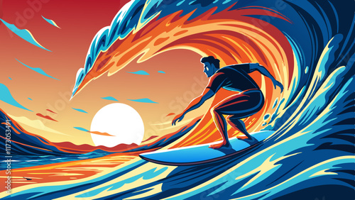 A close-up illustration of a surfer riding an ocean wave during sunset, capturing the thrill of extreme sports and an active lifestyle.