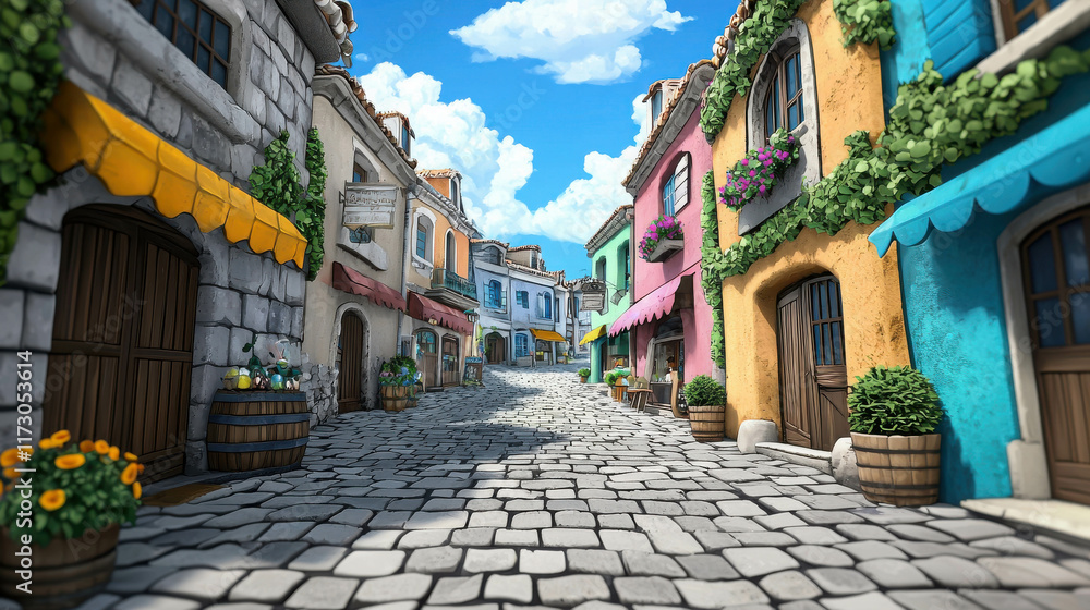 Fototapeta premium Quaint Cobblestone Street in a Charming Small European Town Under Bright Blue Sky