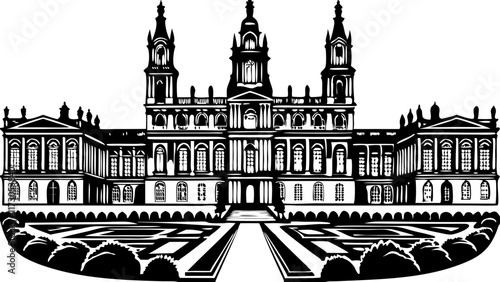 An elegant illustration of an 18th-century royal palace, showcasing grand architecture and intricate details of the king's residence.