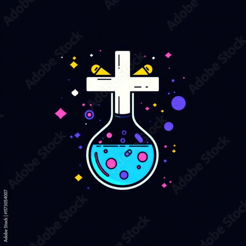 Abstract Cross Shaped Flask with Colorful Liquid photo