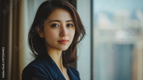 Free Download A professional woman with a focused look, standing near a window with soft natural lighting streaming in, reflecting determination - GFXLoad