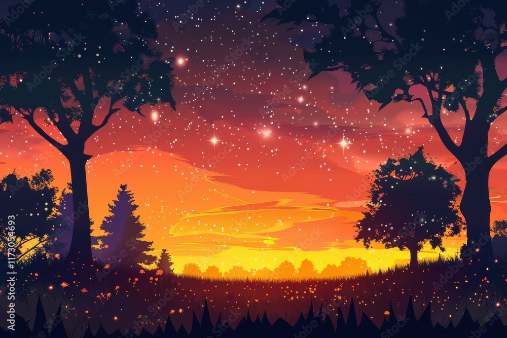 Silhouetted Trees and a Starry Sunset Sky with Glowing Lights in a Field Silhouetted Trees and a Starry Sunset Sky with Glowing Lights in a Field