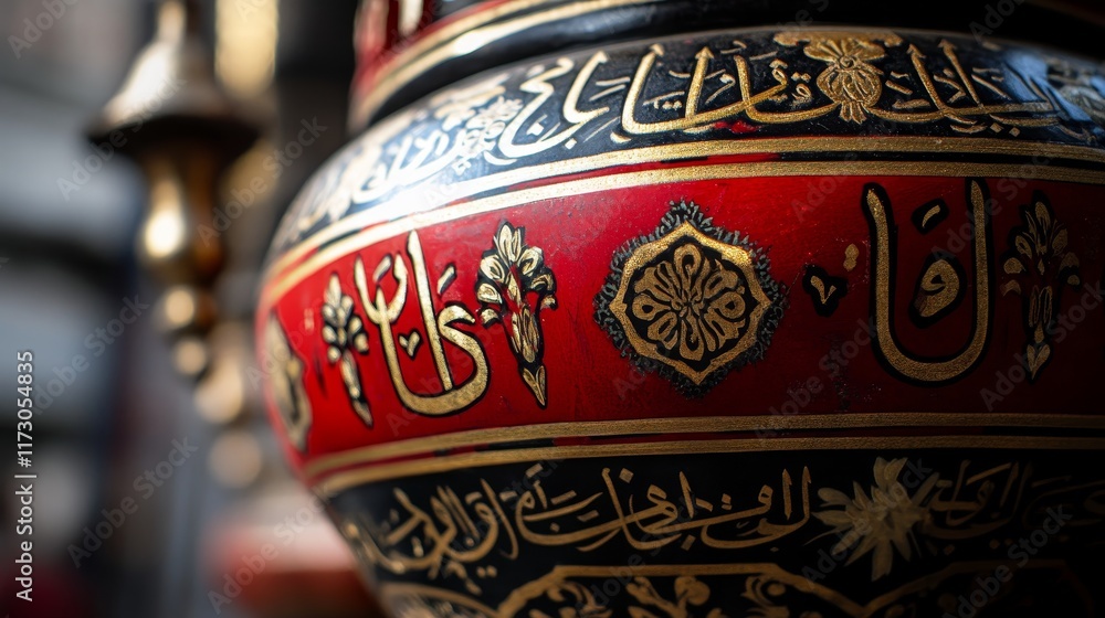 A close-up of a beautifully decorated ceramic vase featuring intricate designs and calligraphy. A close-up of a beautifully decorated ceramic vase featuring intricate designs and calligraphy.