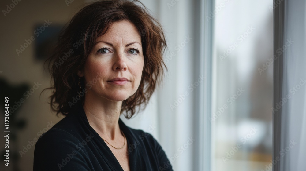 A professional woman with a focused look, standing near a window with soft natural lighting streaming in, reflecting determination A professional woman with a focused look, standing near a window with soft natural lighting streaming in, reflecting determination