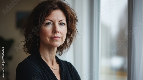 A professional woman with a focused look, standing near a window with soft natural lighting streaming in, reflecting determination Free Download A professional woman with a focused look, standing near a window with soft natural lighting streaming in, reflecting determination - GFXLoad