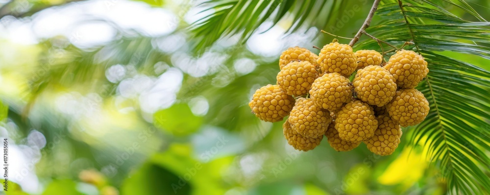 Lush Yellow Cluster of Tropical Fruits Hanging on Palm Tree Branch Lush Yellow Cluster of Tropical Fruits Hanging on Palm Tree Branch