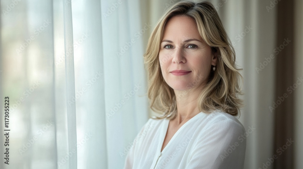 A professional woman with a focused look, standing near a window with soft natural lighting streaming in, reflecting determination A professional woman with a focused look, standing near a window with soft natural lighting streaming in, reflecting determination