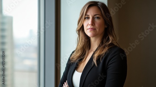 Free Download A professional woman with a focused look, standing near a window with soft natural lighting streaming in, reflecting determination - GFXLoad