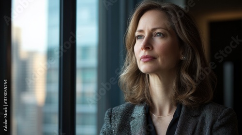 Free Download A professional woman with a focused look, standing near a window with soft natural lighting streaming in, reflecting determination - GFXLoad