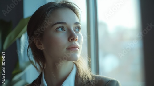 A professional woman with a focused look, standing near a window with soft natural lighting streaming in, reflecting determination Free Download A professional woman with a focused look, standing near a window with soft natural lighting streaming in, reflecting determination - GFXLoad