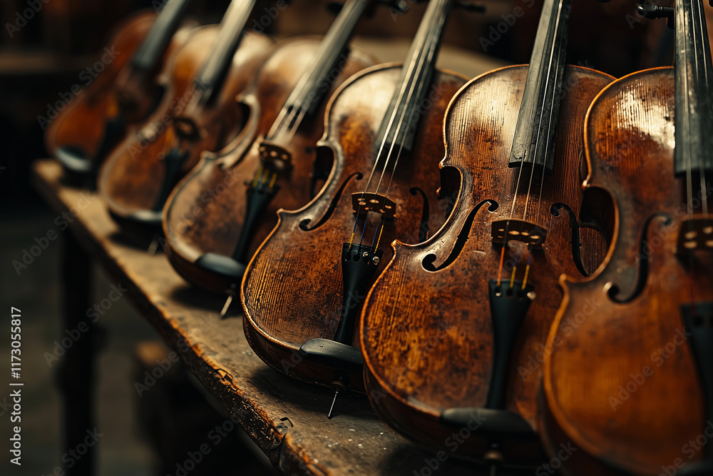 Naklejka premium Collection of Vintage Violins Displayed