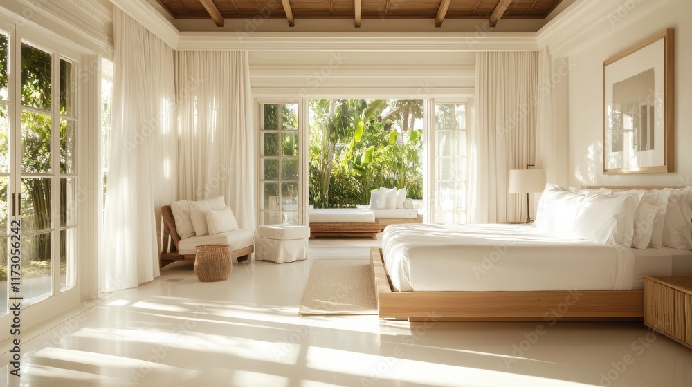 Fototapeta premium A spacious white bedroom with light wood accents, a comfortable king-size bed, and soft natural light filtering through large windows, exuding elegance and tranquility.