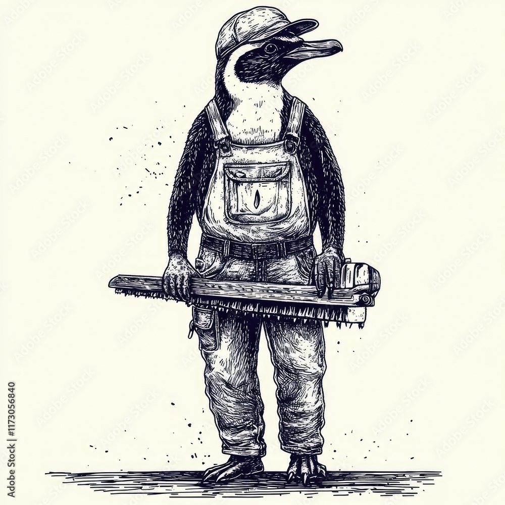 Fototapeta premium A penguin dressed in overalls and a cap, holding a chainsaw, blending humor with industry.