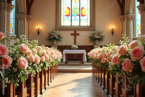 easter church decorations, pastel roses and babys breath garlands adorn the church choir loft, offering a romantic backdrop for easter hymns