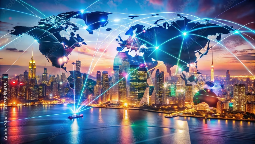 Fototapeta premium Abstract Digital World Map Hologram Over New York City: Globalization Concept