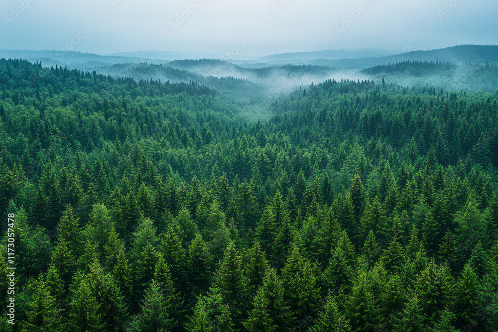 Dense coniferous forest seen from a fire lookout tower, capturing endless greenery fading into the horizon, Dense coniferous forest seen from a fire lookout tower, capturing endless greenery fading into the horizon,