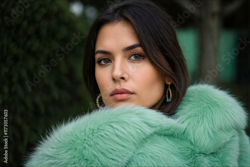 Portrait of a brunette girl in a blue faux fur coat